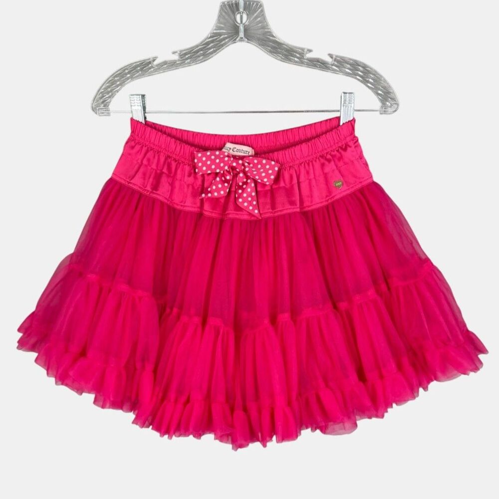Juicy Couture Girls Hot Pink Tiered Tulle Tutu Skirt Gold Heart Charm Size 8/10